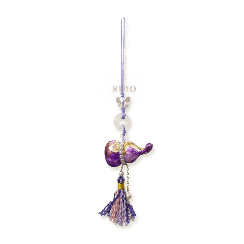 Purple Daqi lacquer Hulu bag charm with gilded patterns, pearl accents, a jade-like ring, butterfly detail, and purple-pink tassel.