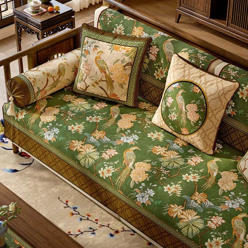 Chinoiserie Vintage Emerald Mountain Bird Floral Hydrangea Sofa Slipcover - SinoCultural -- SOC005A9090