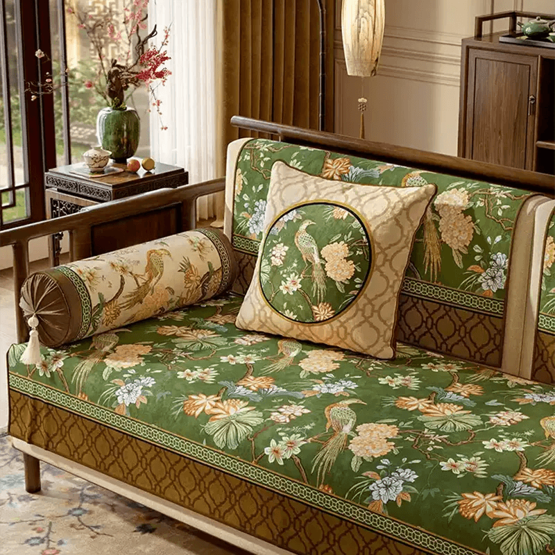 Chinoiserie Vintage Emerald Mountain Bird Floral Hydrangea Sofa Slipcover - SinoCultural -- SOC005A9090