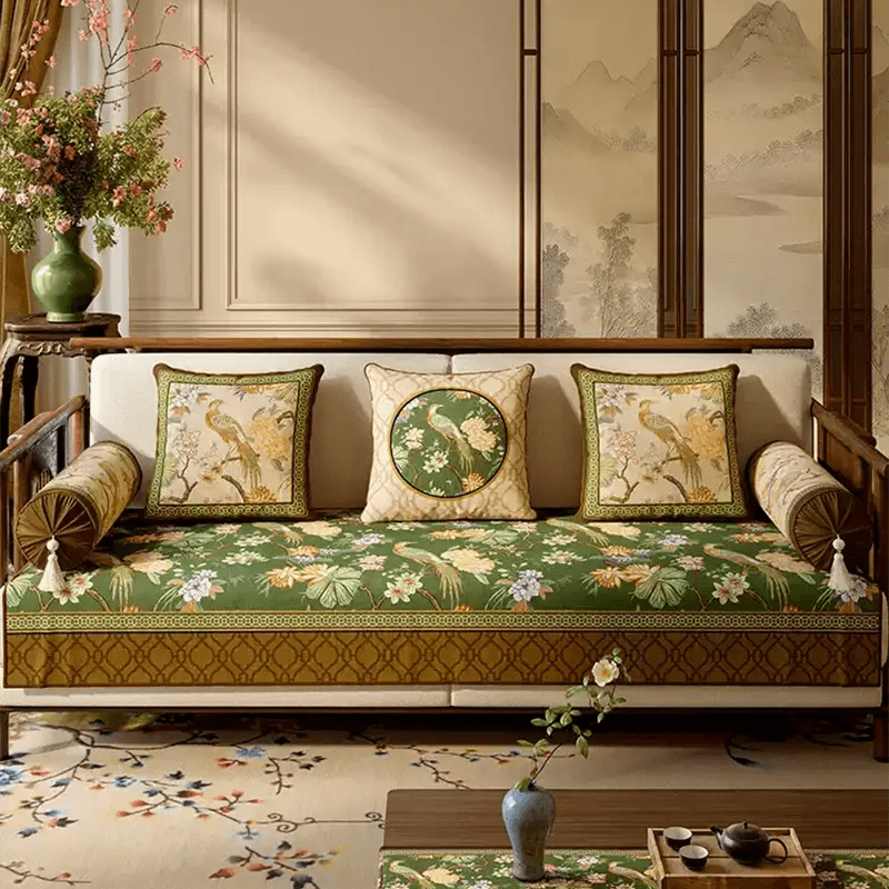 Chinoiserie Vintage Emerald Mountain Bird Floral Hydrangea Sofa Slipcover - SinoCultural -- SOC005A9090