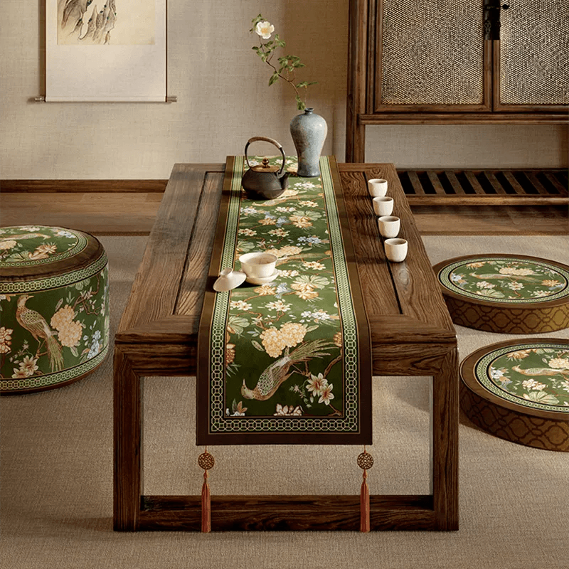 Chinoiserie Floral Table Runner - Cyanine Green Vintage Tea Party Decor - SinoCultural -- TRO30A160