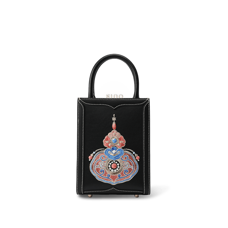 Chinoiserie Gourd Blessings Embroidered Leather Tote bag - SinoCultural -- M120778-2