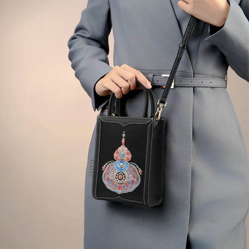 Chinoiserie Gourd Blessings Embroidered Leather Tote bag - SinoCultural -- M120778-2
