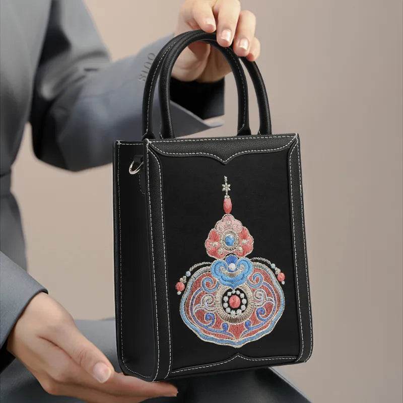 Chinoiserie Gourd Blessings Embroidered Leather Tote bag - SinoCultural -- M120778-2