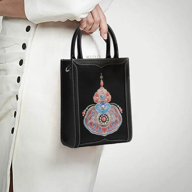 Chinoiserie Gourd Blessings Embroidered Leather Tote bag - SinoCultural -- M120778-2