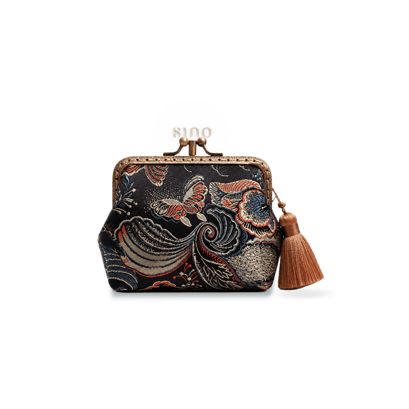 Front view of the Chinoiserie Hand-Finished Silk Mini Coin Purse Wallet - Black Butterfly, featuring a black silk butterfly pattern, vintage kiss lock frame, and tassel detail.
