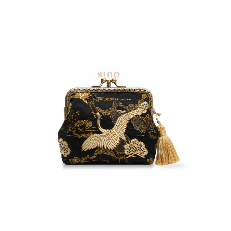 Front view of the Chinoiserie Hand-Finished Silk Mini Coin Purse Wallet - Black Crane, featuring a black silk base, elegant crane motif, vintage kiss lock frame, and tassel detail.