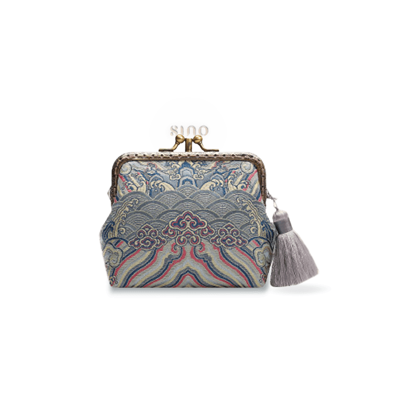 Front view of the Chinoiserie Hand-Finished Silk Mini Coin Purse Wallet - Silver Sea Cliff, featuring a traditional silver sea cliff pattern, vintage kiss lock frame, and tassel charm.