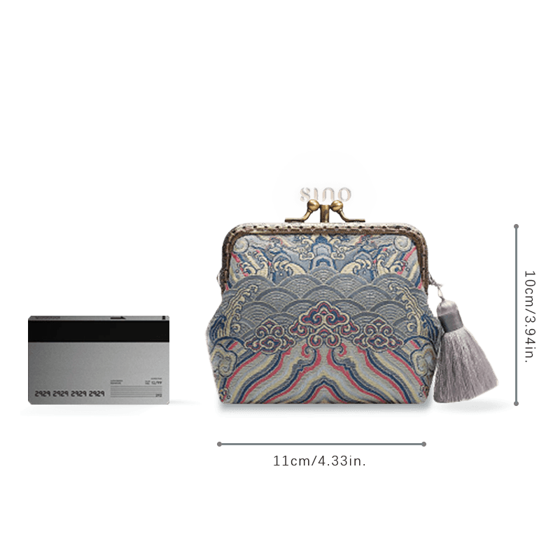 Size reference image of the Chinoiserie Hand-Finished Silk Mini Coin Purse Wallet - Silver Sea Cliff, showing a compact women’s silk coin purse with tassel, approximately 11 × 10 cm.