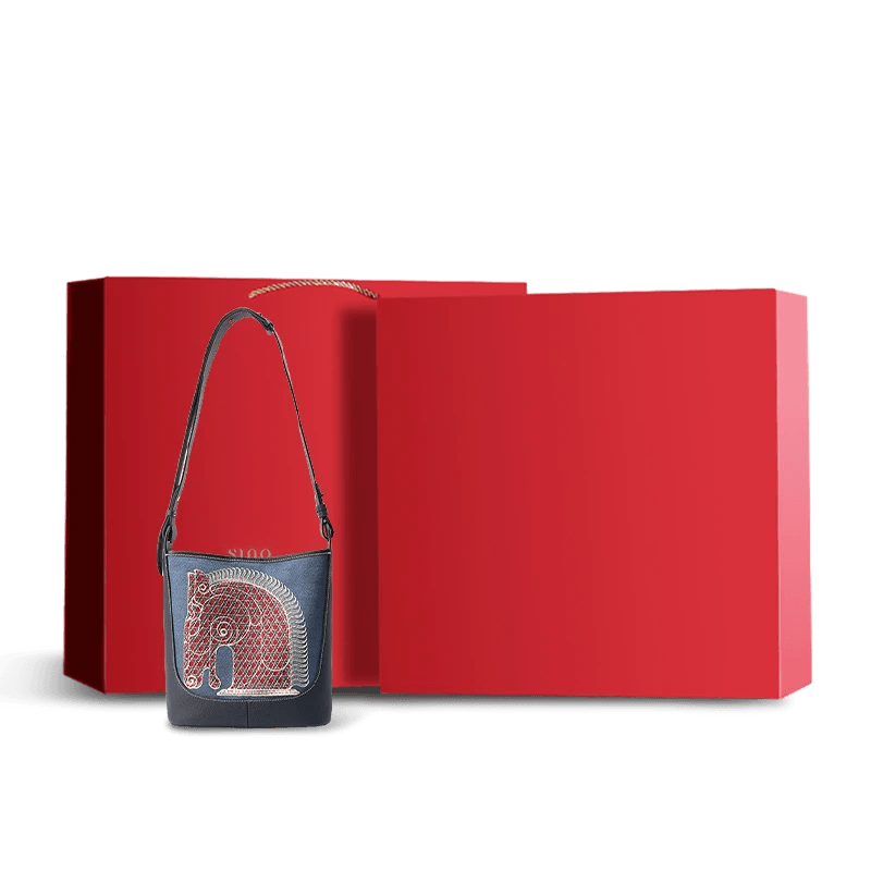 Luxury Equestrian Embroidered Leather Bucket Bag Statement Crossbody with gift box- SinoCultural -- M110695