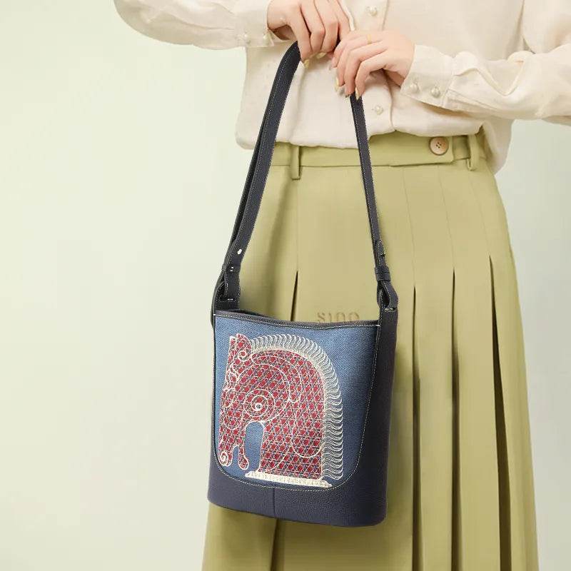 Chinoiserie Horse Pattern Embroidered Leather Crossbody Bag - SinoCultural -- M110695