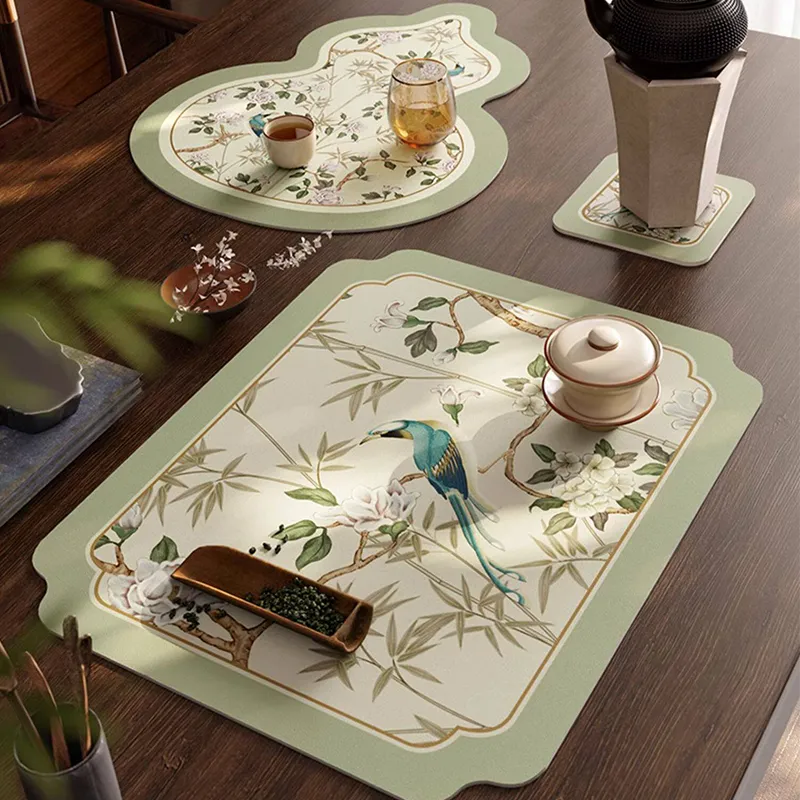 Style A draining mat with gourd-shaped coaster and cup coaster, each holding a tea bowl, water glass, and teacup.