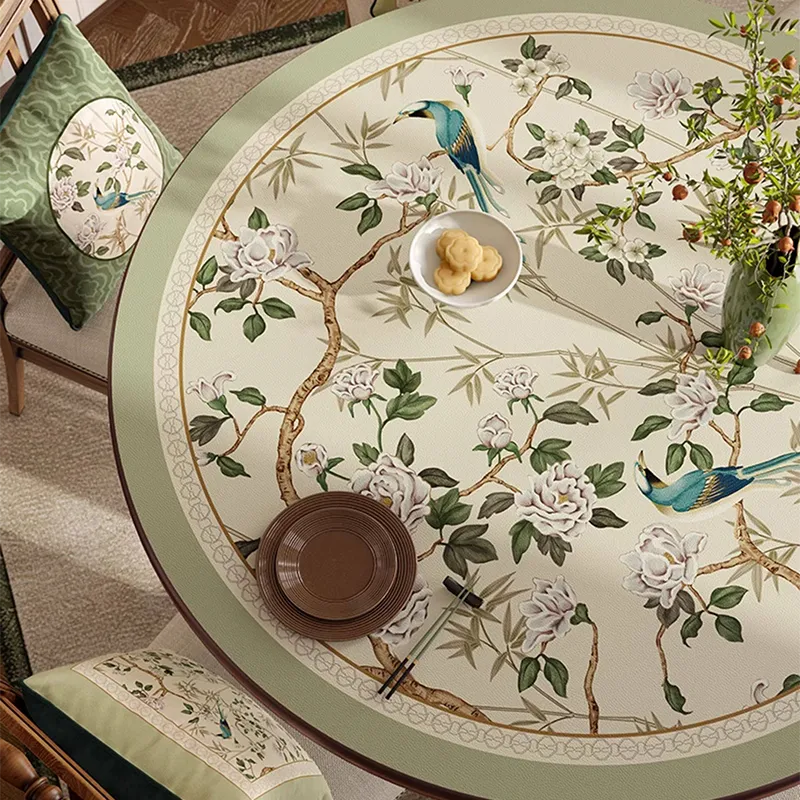 Overhead view of Style A jade green leather round table mat showing left-side pattern details.