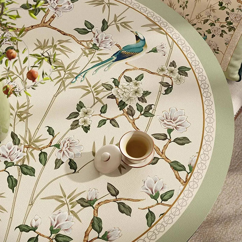 Overhead close-up of Style A jade green leather round table mat showing right-side pattern details.