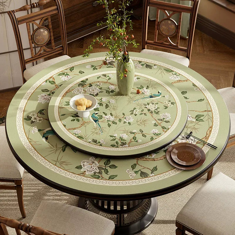 Style B double-layer chinoiserie jade green leather round table mats on a two-tier round table.