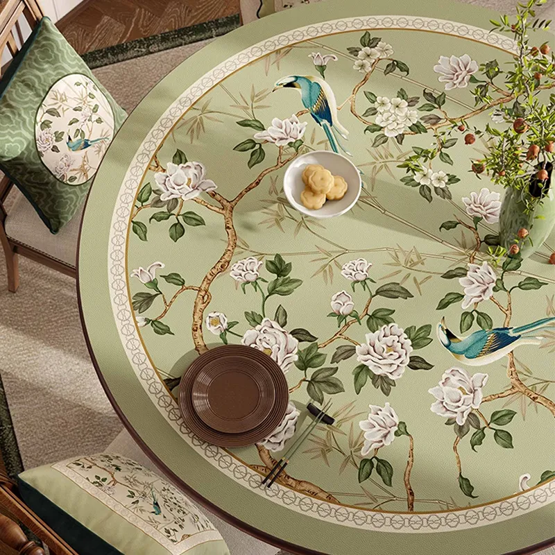 Overhead view of Style B jade green leather round table mat showing left-side pattern details.