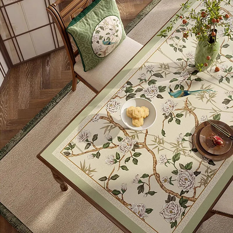 Overhead close-up of Style A pattern on chinoiserie jade green rectangular leather table mat.