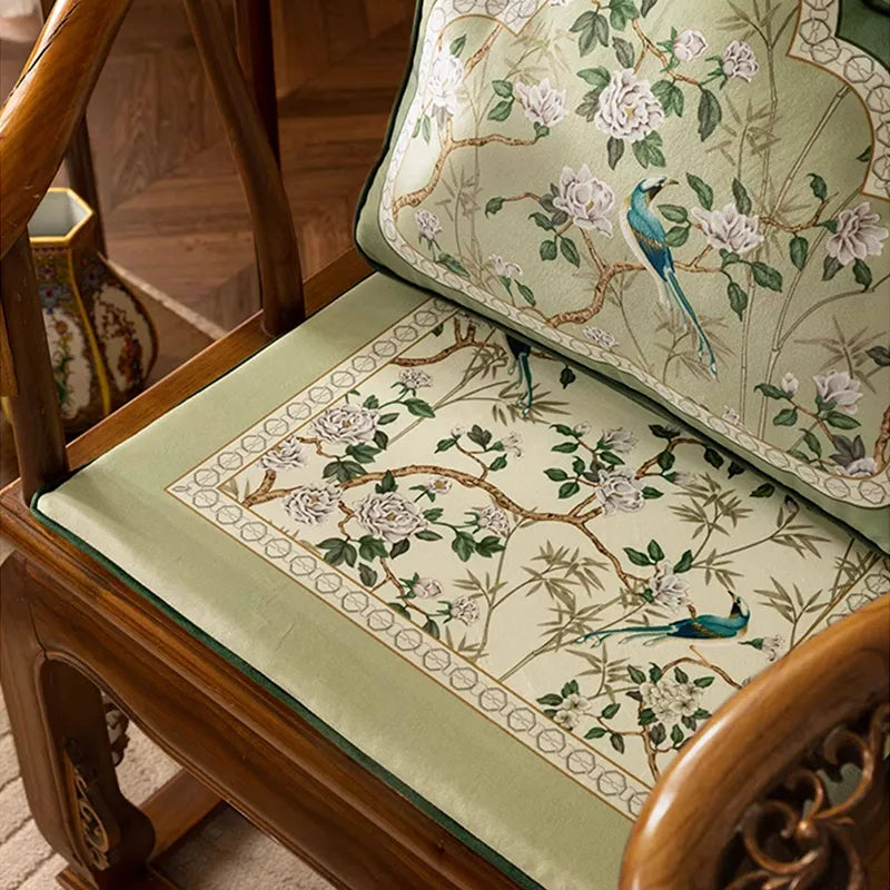 Style A chinoiserie jade green short plush chair cushion on chair for comfortable seating.