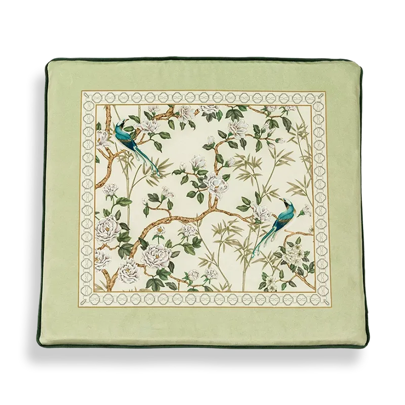 Style A chinoiserie jade green short plush chair cushion on white background.