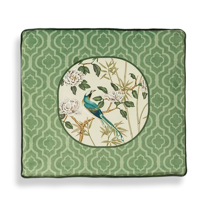 Style B chinoiserie jade green short plush chair cushion on white background.