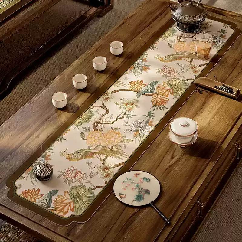 Chinoiserie Tea Table Runner Vintage Leather Mountain Hydrangea Mat - SinoCultural -- TM062C2550