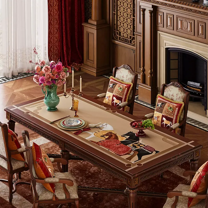 Chinoiserie Luxury Auspicious Horse Trio Pattern Rectangular Table Mat Placed on a table within a classical home setting, this mat enhances the festive atmosphere of the Year of the Horse.