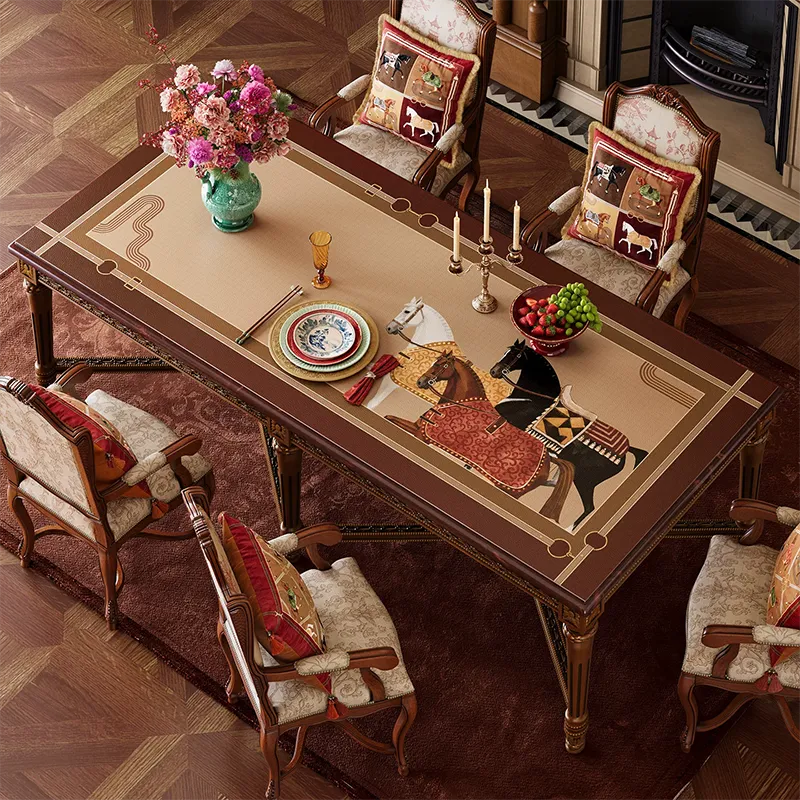 Chinoiserie Luxury Auspicious Horse Trio Pattern Rectangular Table Mat Placed on a table within a classical home setting(flat lay), this mat enhances the festive atmosphere of the Year of the Horse.
