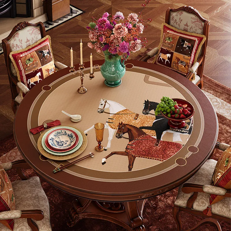 Round table mat with auspicious horse trio pattern in dining setting.