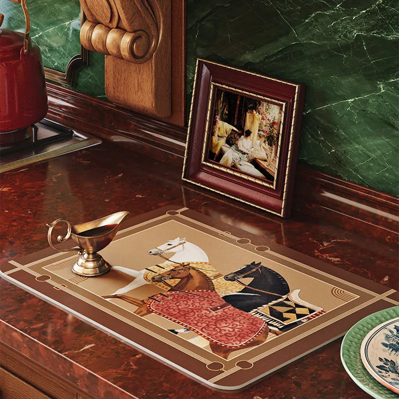 Chinoiserie washable placemat with horse trio pattern by kitchen sink (angled view.