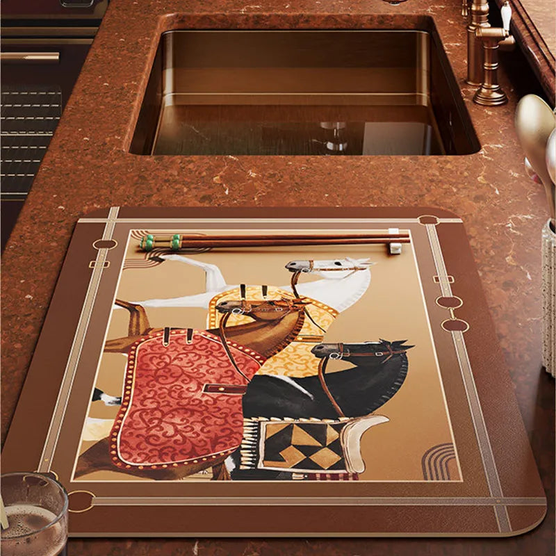 Luxury auspicious horse placemat near faucet (front view in classic kitchen).