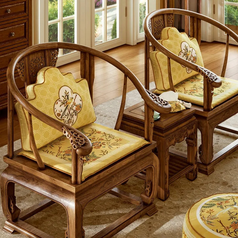 Autumn Splendor chair cushions for dining chairs styled with matching Chinoiserie lumbar pillows for a warm autumn dining room refresh.