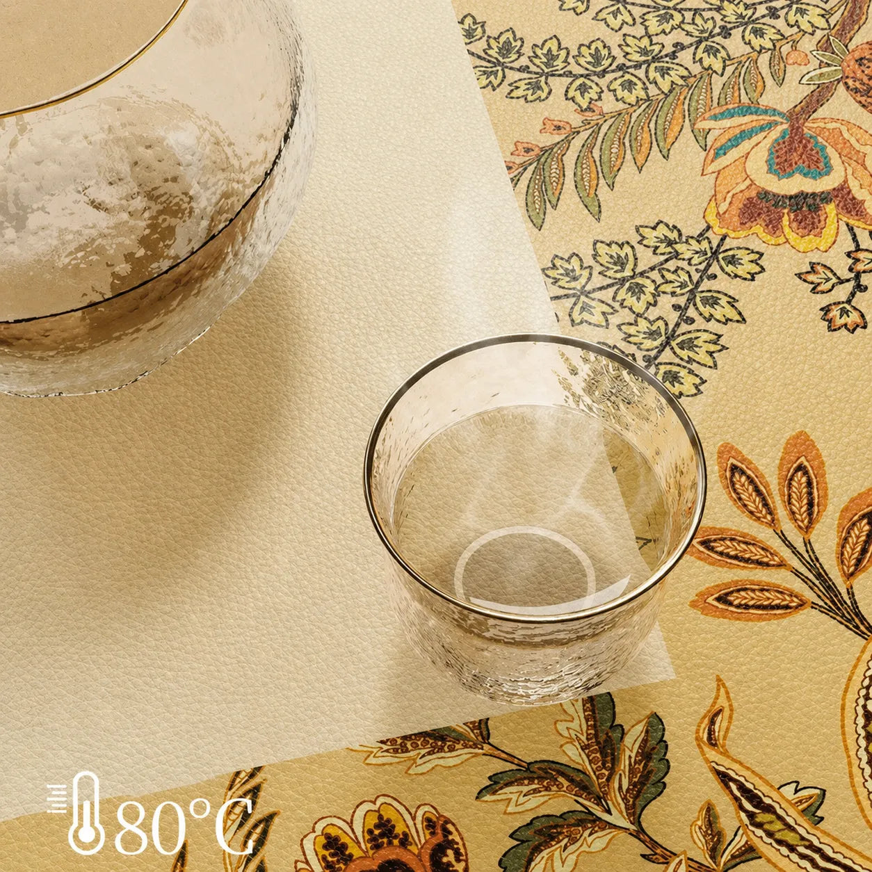 Heat-resistant Autumn Splendor leather nightstand mat protecting the tabletop from a hot glass up to 80°C.