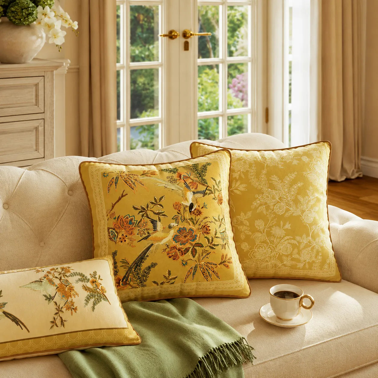 Autumn Splendor yellow Chinoiserie decorative throw pillows styled on a cream sofa with floral and bird motifs for an elegant fall home decor refresh.