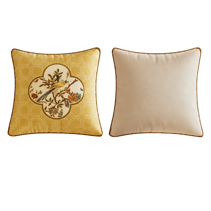 Autumn Splendor yellow Chinoiserie decorative throw pillow Style A with floral bird medallion design, shown front and back.