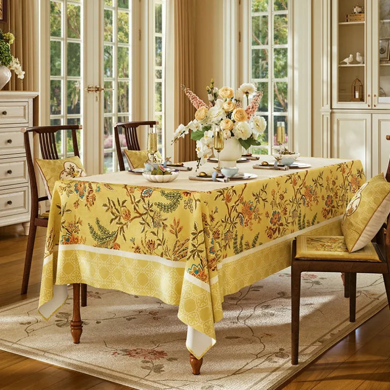 Autumn Splendor yellow decorative tablecloth styled in a bright dining room for an elegant fall home and dining table refresh.