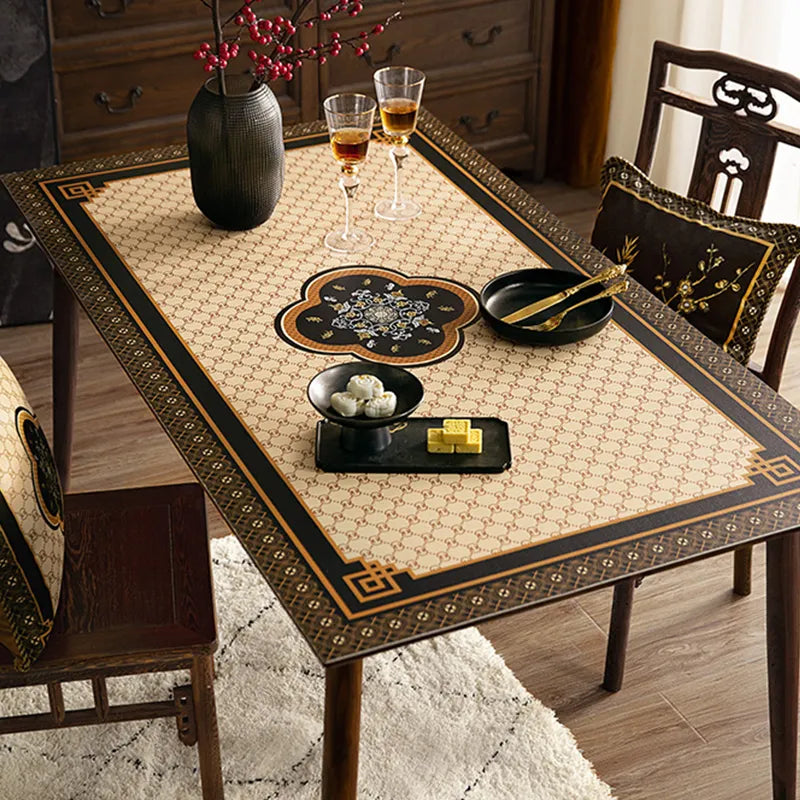 Beige rectangular table mat with Chinoiserie bamboo & Ruyi pattern.
