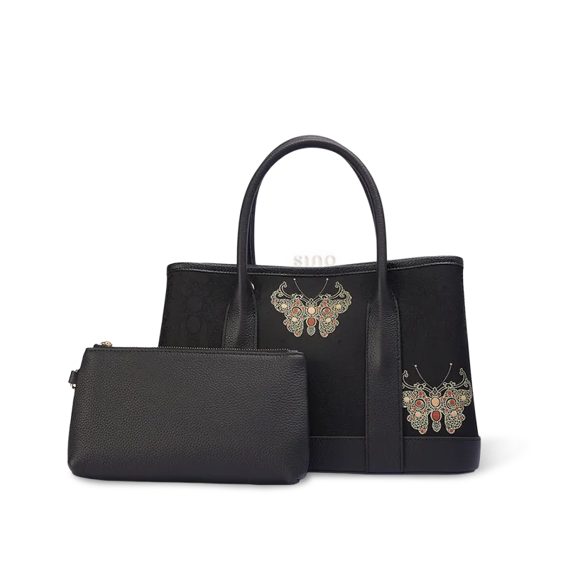 chinoiserie-luxury-black-song-brocade-gold-butterfly-motif-tote-bag-with-inner-pouch-front-white-background.