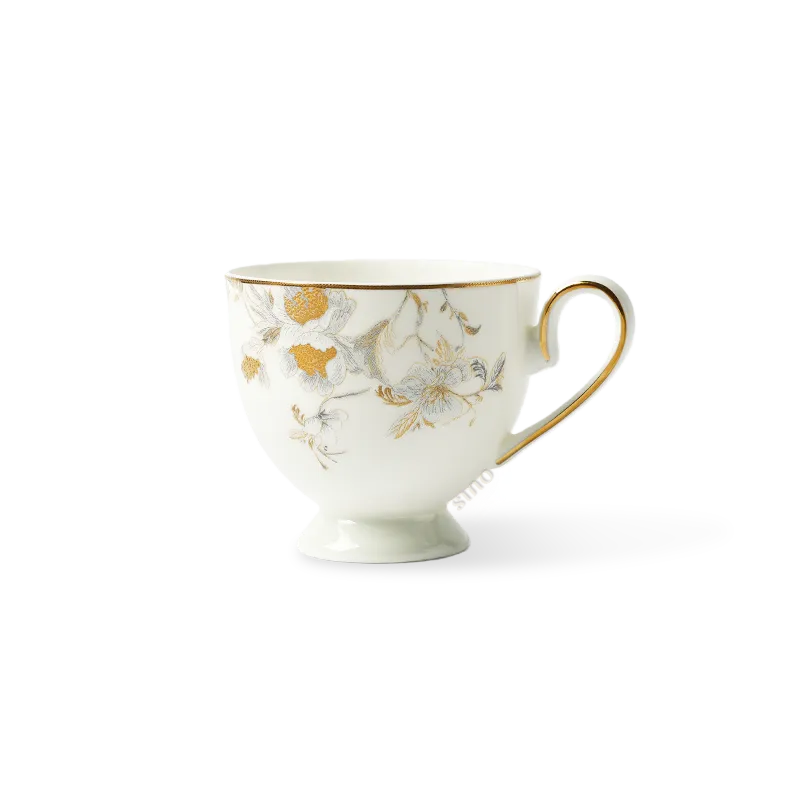 Chinoiserie Bone China Pedestal Coffee Cup with Peony & Butterfly.