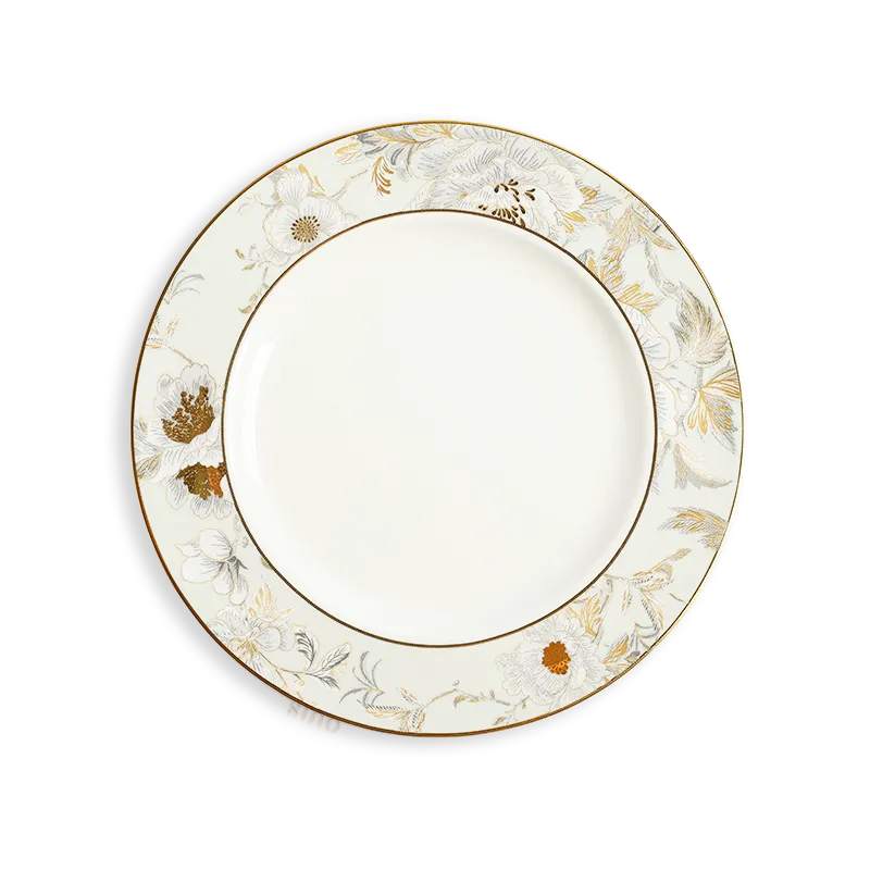 10.5-inch Chinoiserie Luxury Bone China Round Dinner Plate with Peony & Butterfly design.