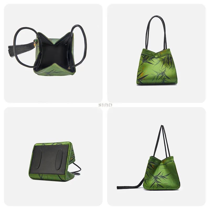 Four-panel detail image of the bucket bag showing capacity, back, bottom, and side views.