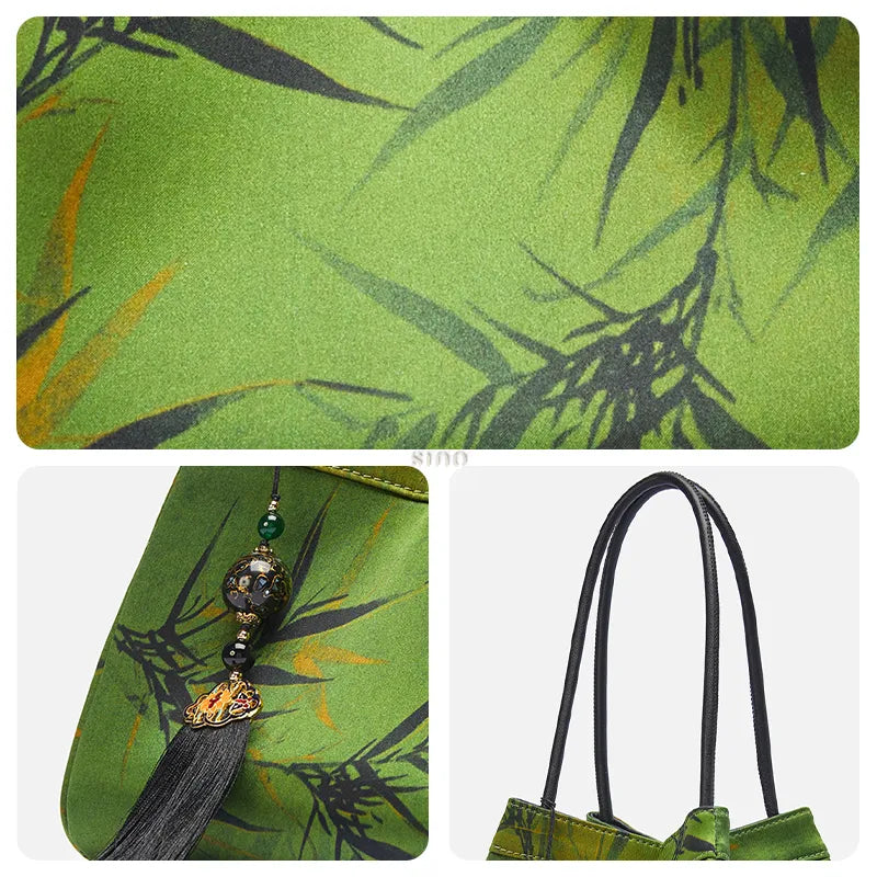 Three-panel detail image of the bucket bag showing green pine leaf silk jacquard, tassel charm, and top handle.