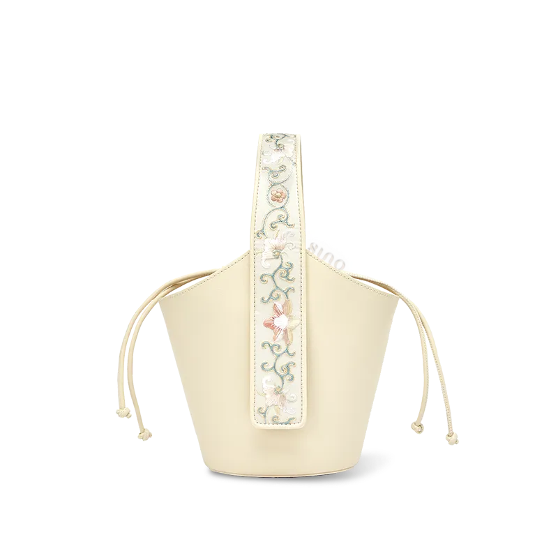 Main image of Chinoiserie Luxury Embroidery Lotus Scroll Pattern Drawstring Bucket Bag.