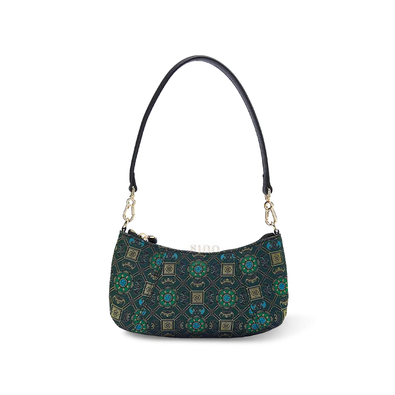 Front view of green shoulder bag in Chinoiserie style with luxe Song Brocade silk.