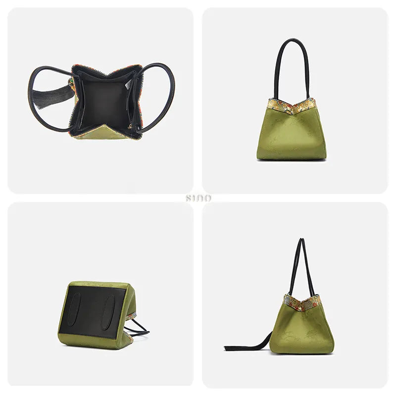 Four-panel detail image of the bucket handbag showing capacity, back, bottom, and side views.