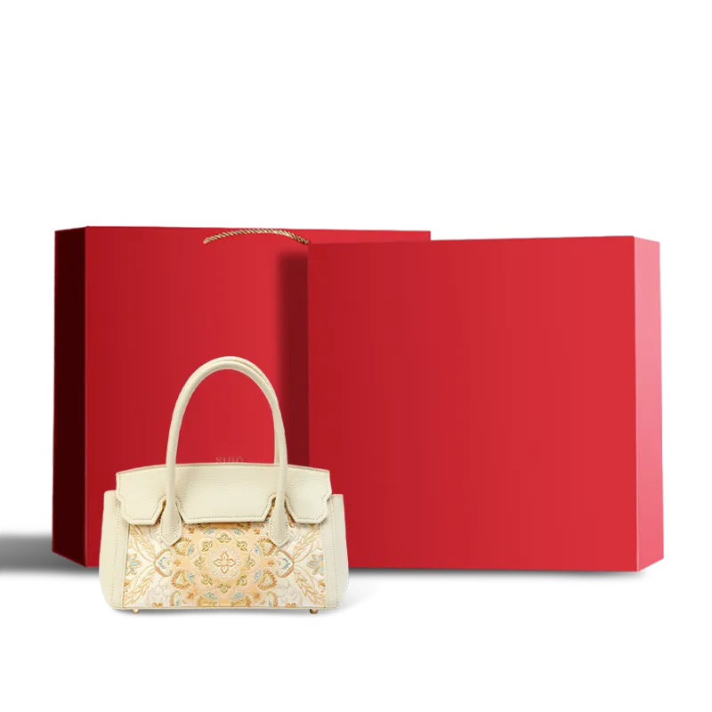 Chinoiserie Luxury Lotus Motif Leather Embroidered Handbag in red gift box.