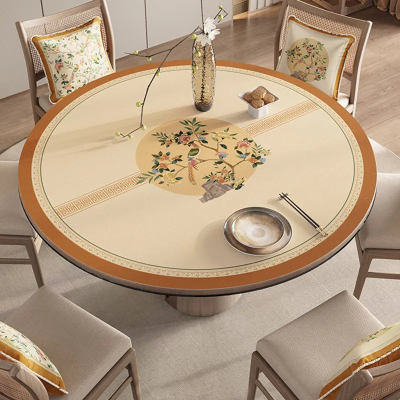 Chinoiserie luxury round table mat with painted floral & songbird pattern.