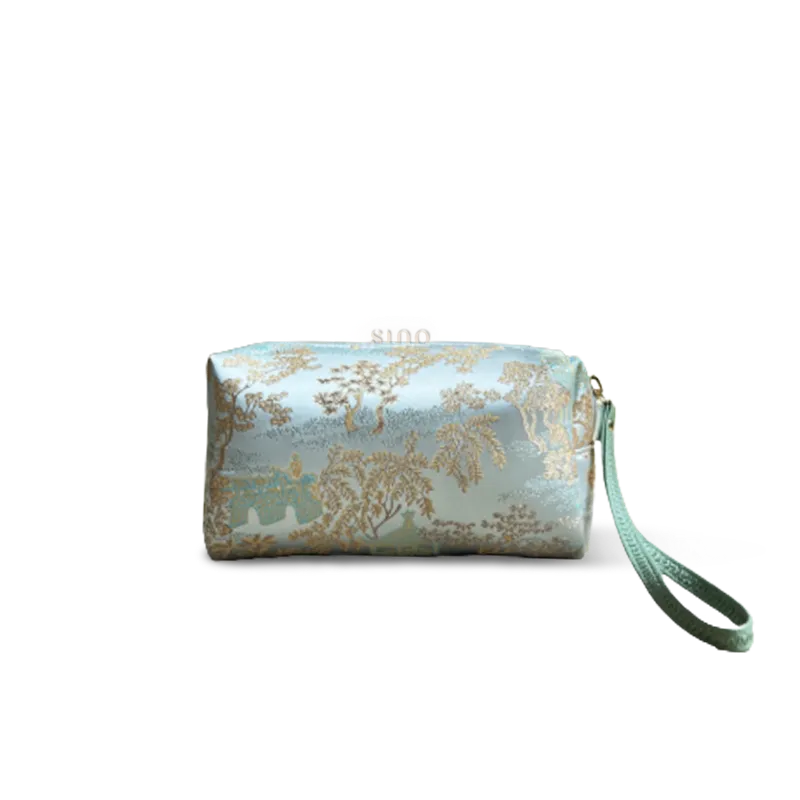 Pastel Green Chinoiserie Brocade Clutch Wallet - Exterior Close-Up.