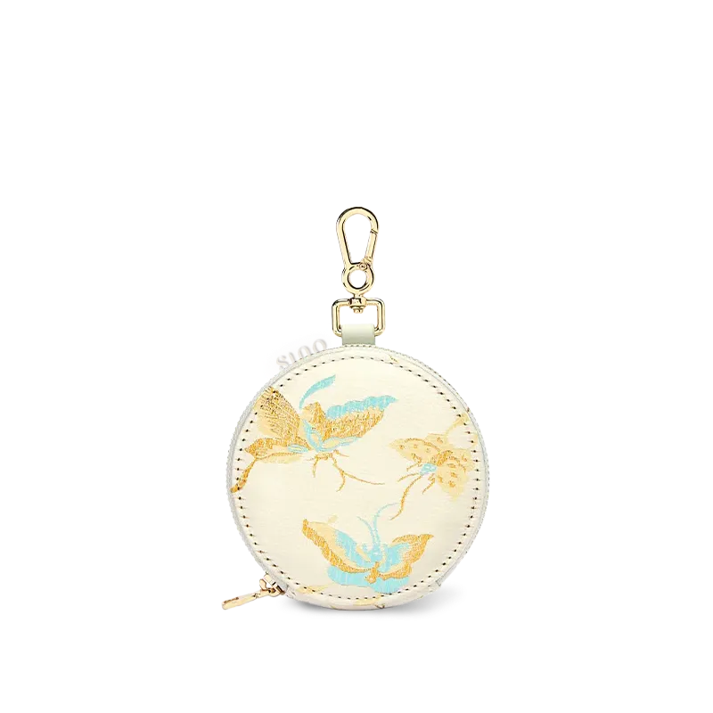 Chinoiserie luxury round ornament wallet with colorful butterfly, white.