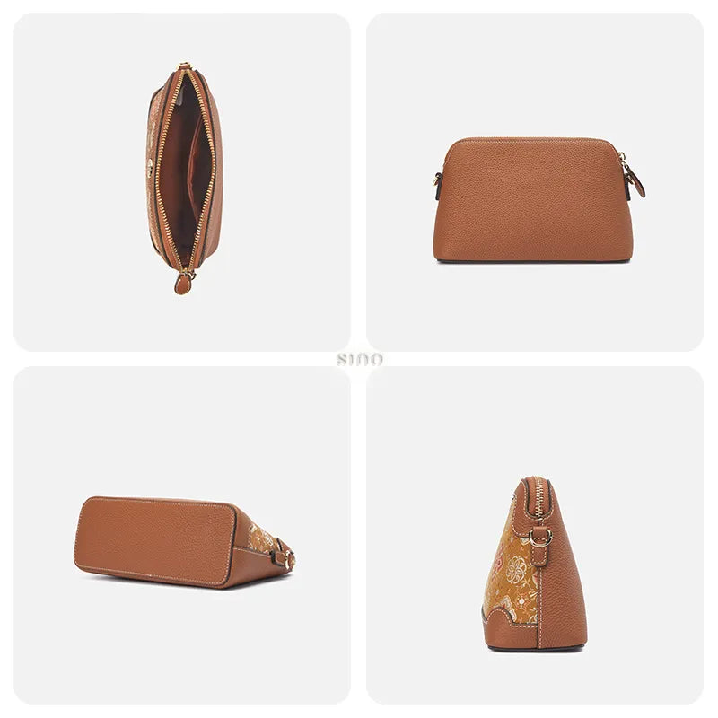Four-panel detail image of the Persimmon Calyx Motif clutch bag showing capacity, back, bottom, and side views.