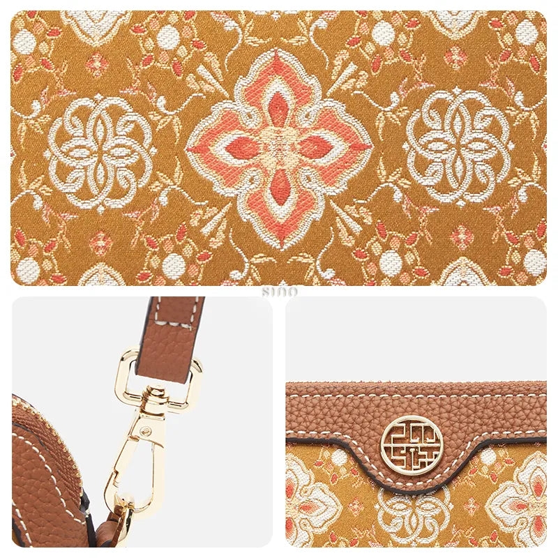 Three-panel detail image of the Persimmon Calyx Motif clutch bag showing brocade pattern, hardware strap, logo, and leather texture.